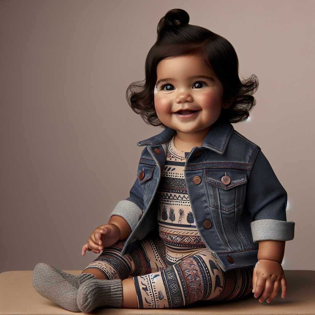 Adorable baby dressed in a trendy outfit, reflecting contemporary baby fashion with a soft and warm aesthetic.