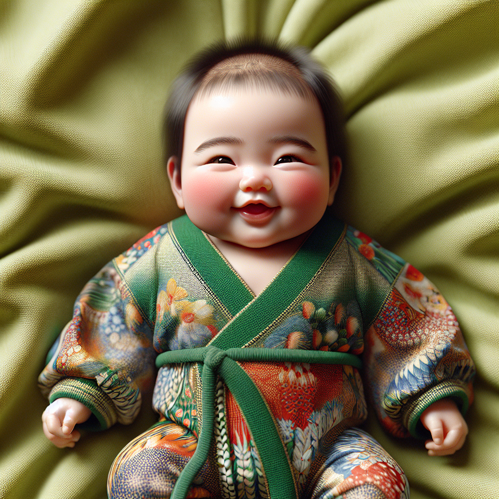 Baby in colorful 2023 fashion trends sitting on eco-friendly material with a cheerful expression.