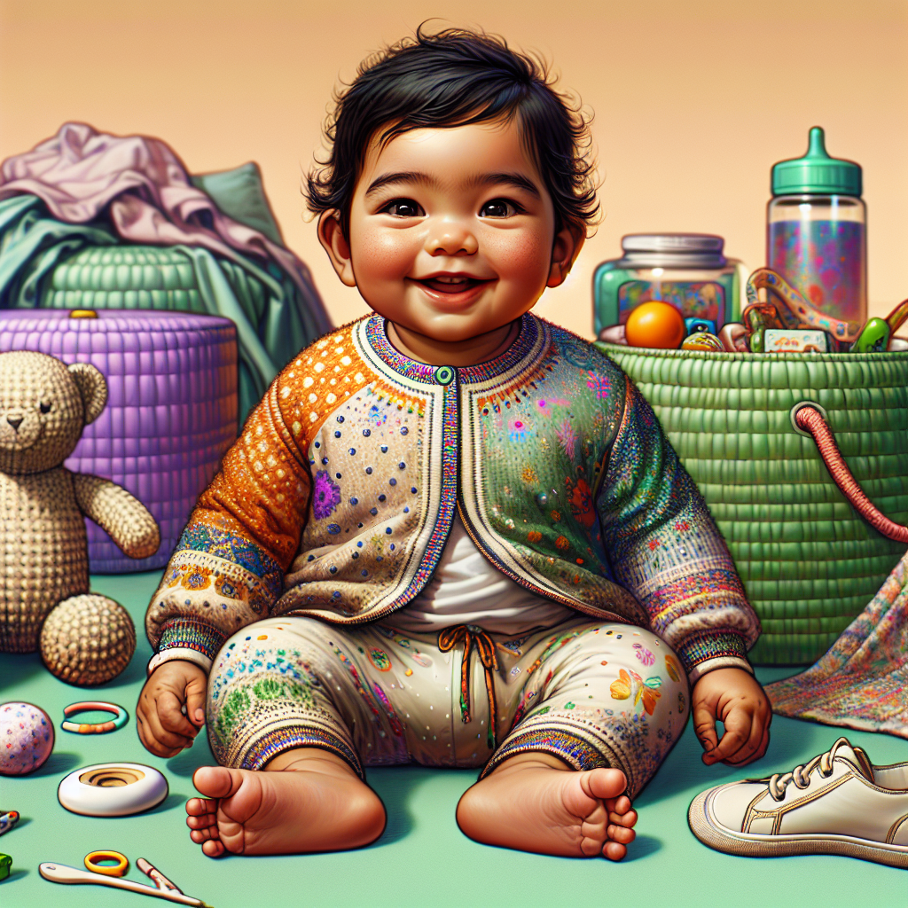 Realistic image of a smiling baby dressed in vibrant and eco-friendly fashion with toys around, capturing the essence of baby fashion trends in 2023.