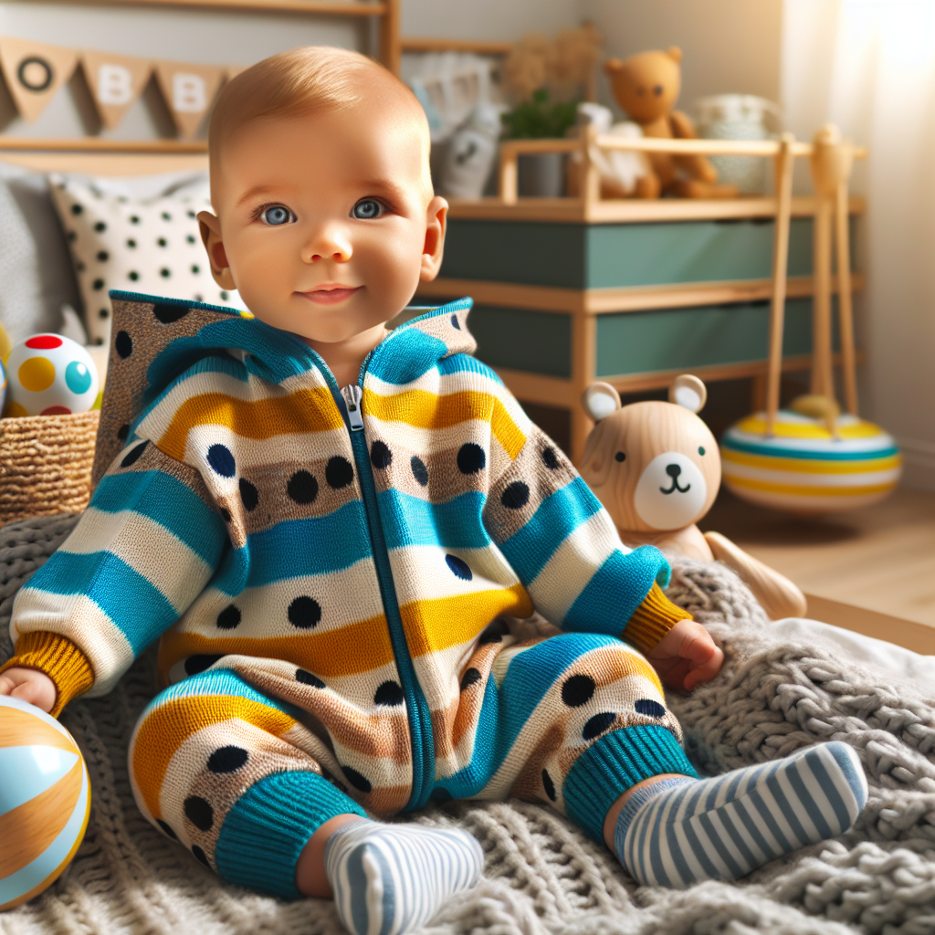 A baby sitting in a trendy, eco-friendly nursery room, dressed in a vibrant, patterned onesie, surrounded by sustainable toys, with a knitted blanket.