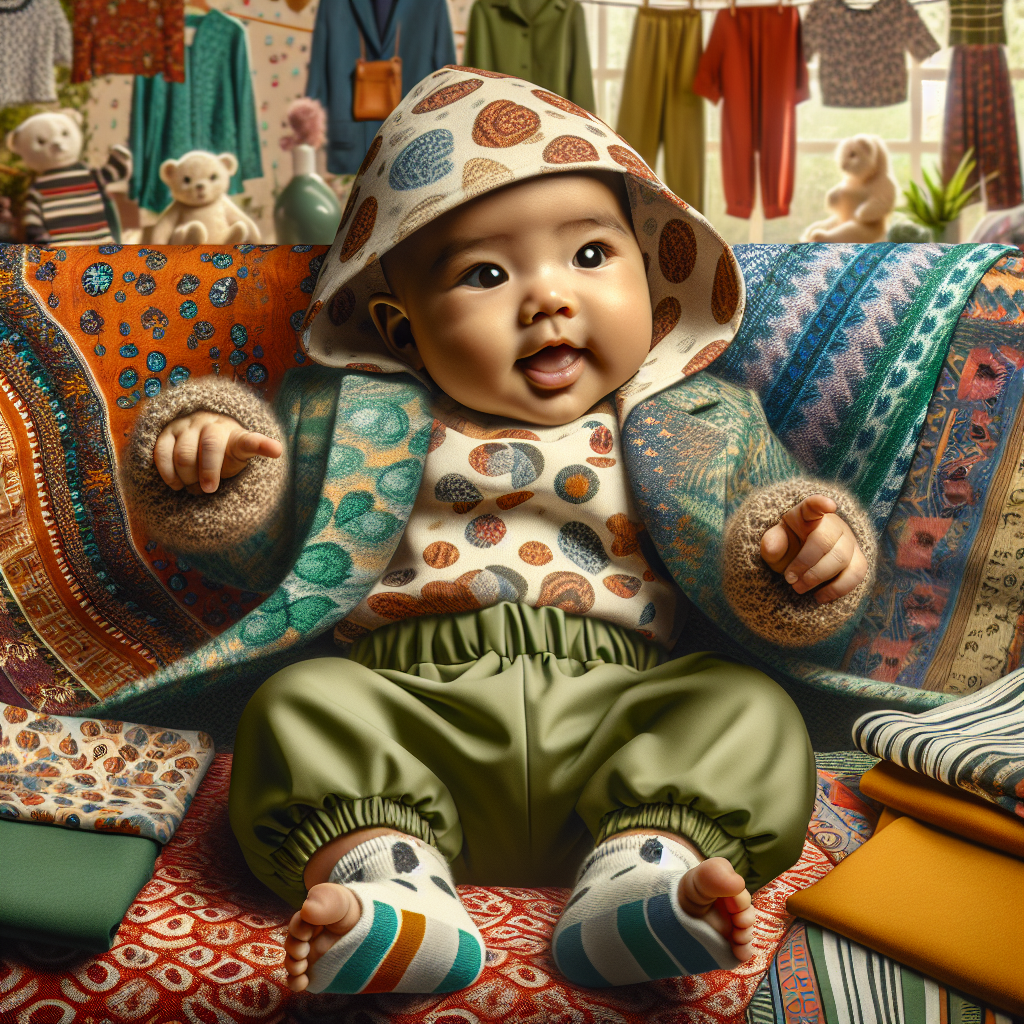 Baby in 2023 trendy eco-friendly outfit with bold patterns and vibrant colors, in a modern nursery setting.