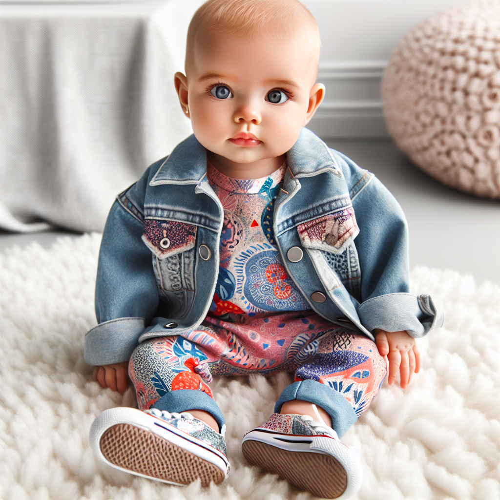 Baby dressed in fashionable clothes sitting on a plush white rug, in a minimalist setting with soft, natural lighting.