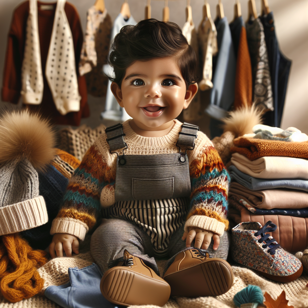 Happy baby surrounded by trendy and colorful baby fashion clothes and accessories in a warm, inviting setting.