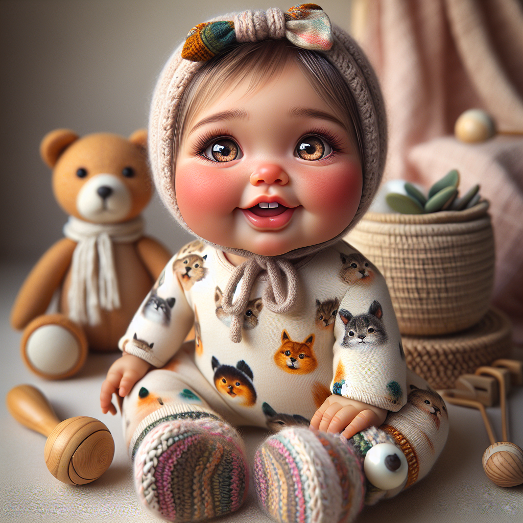 Realistic image of a cheerful baby dressed in stylish, modern baby clothes, surrounded by trendy baby accessories, bathed in soft, natural light.