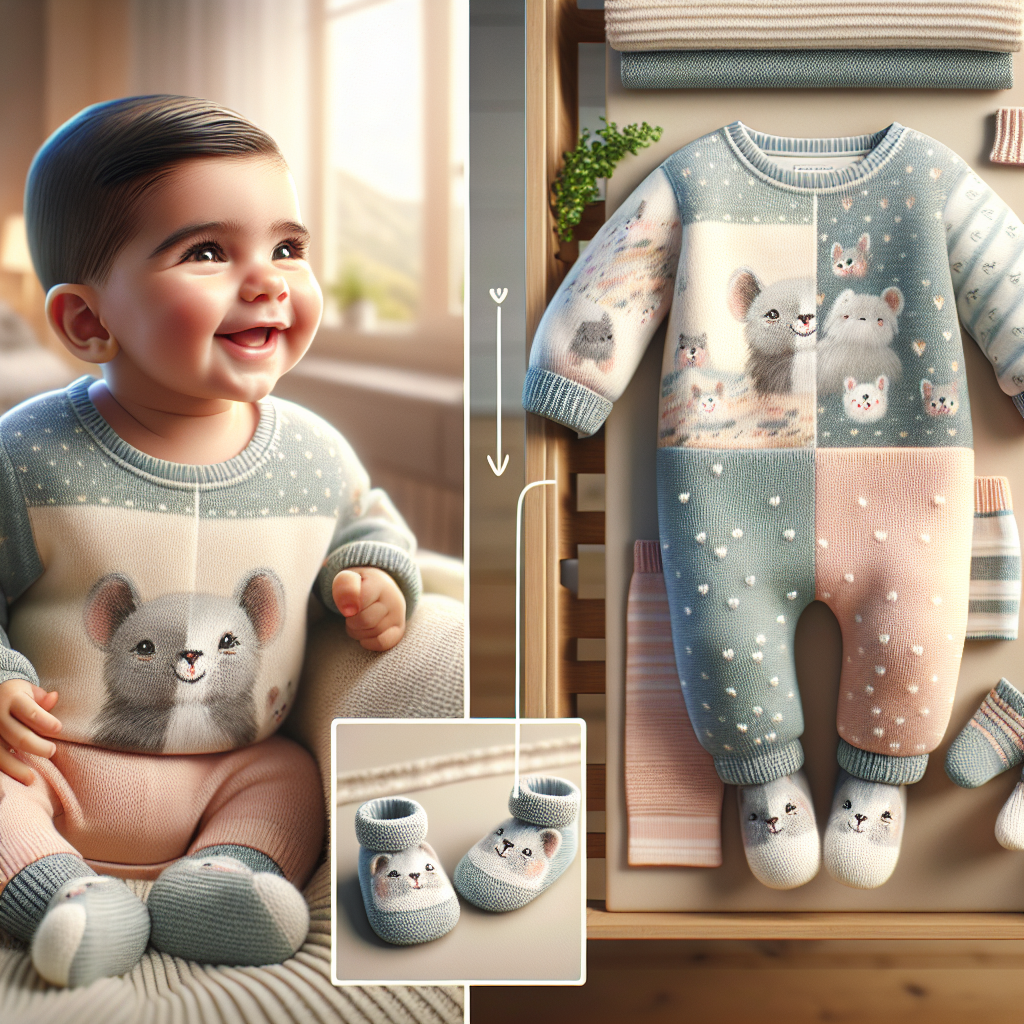 Joyful baby dressed in trendy pastel onesie with animal prints and hand-knitted booties, in a soft-focus nursery setting.