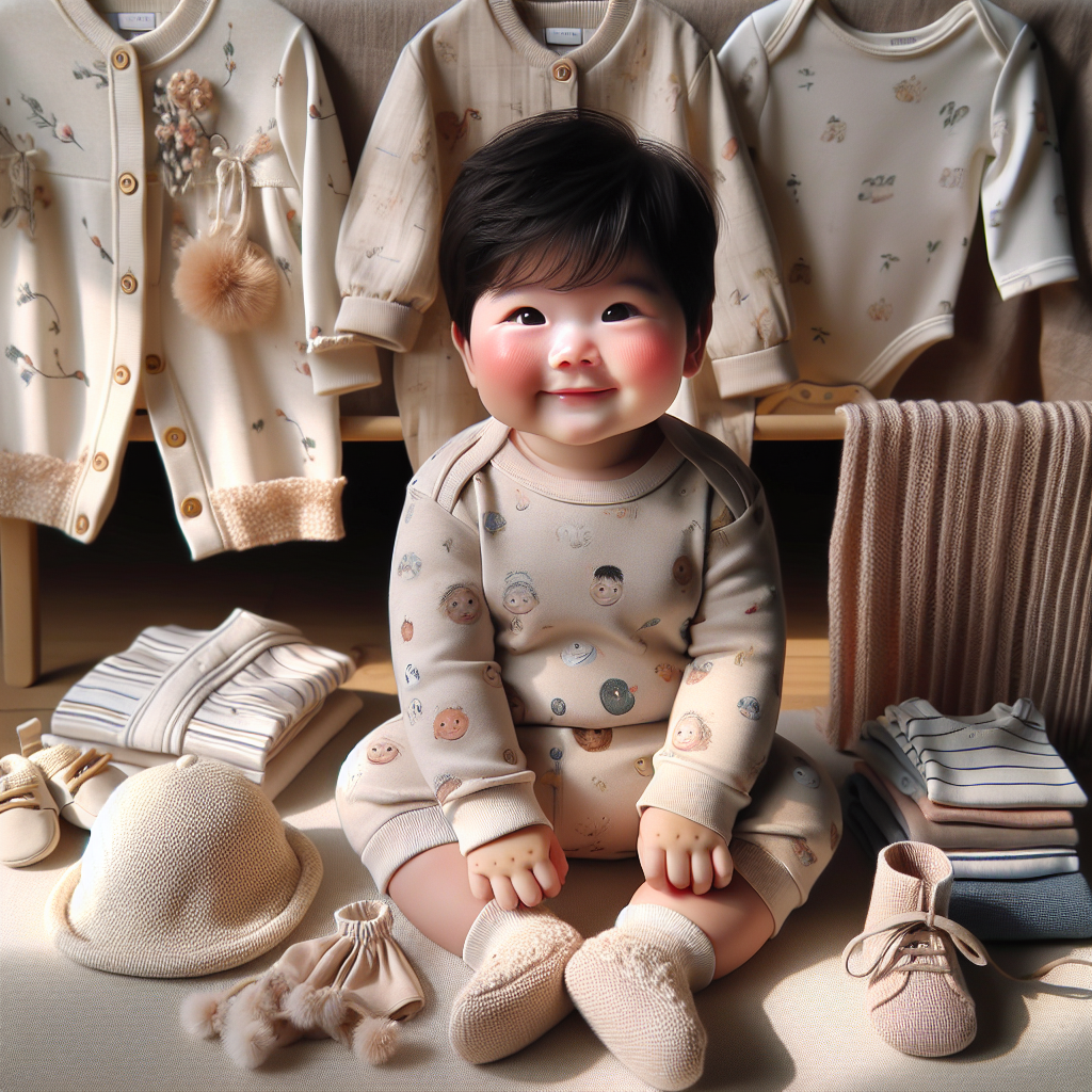 Joyful baby surrounded by various trendy outfits and accessories, depicted in a warm and realistic style.