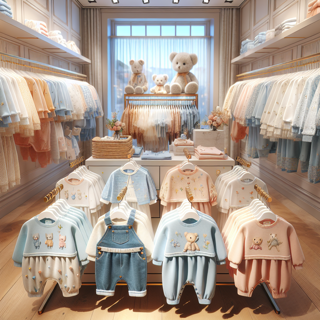 Assortment of trendy baby outfits arranged in a boutique with soft pastel onesies and tiny denim sets.