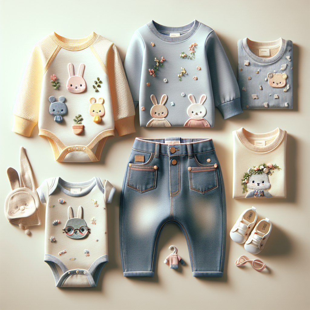 Trendy and cute baby outfits arranged on a simple background, capturing the essence of current fashion trends in baby attire.