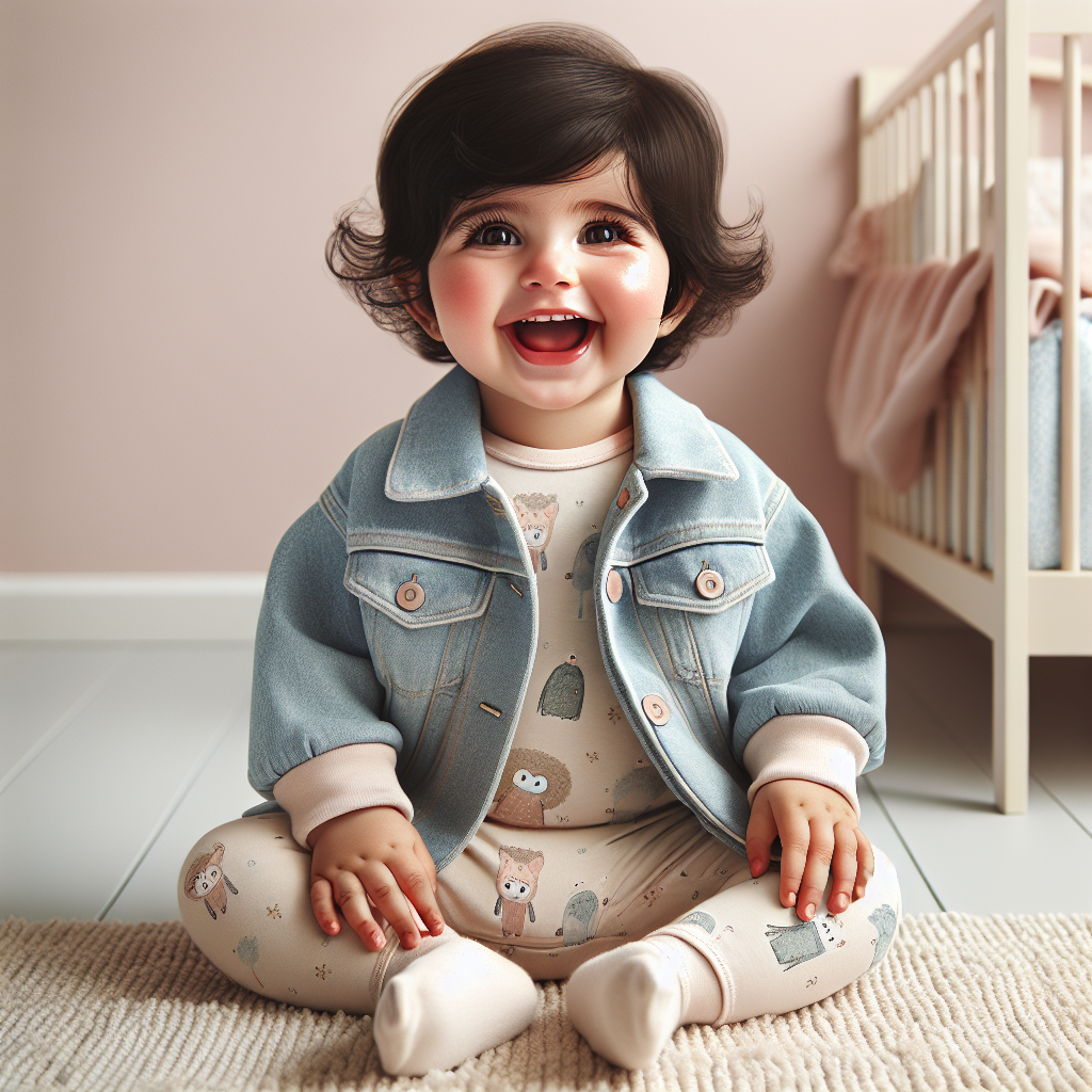 Laughing baby sitting in a trendy pastel onesie and denim jacket in a pastel-colored nursery room.