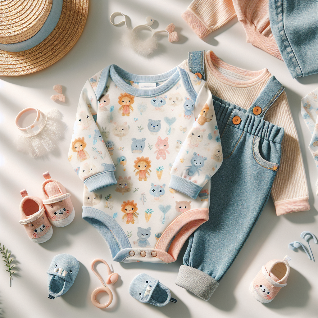 Assortment of adorable baby outfits including a pastel onesie and tiny denim set, with baby shoes and accessories, displayed on a white background.