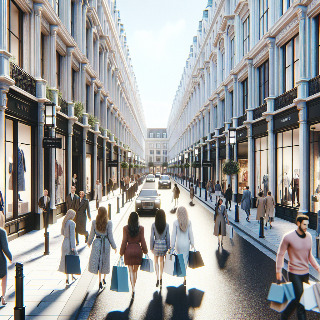 A sophisticated luxury shopping street in London with elegant stores and stylish shoppers.