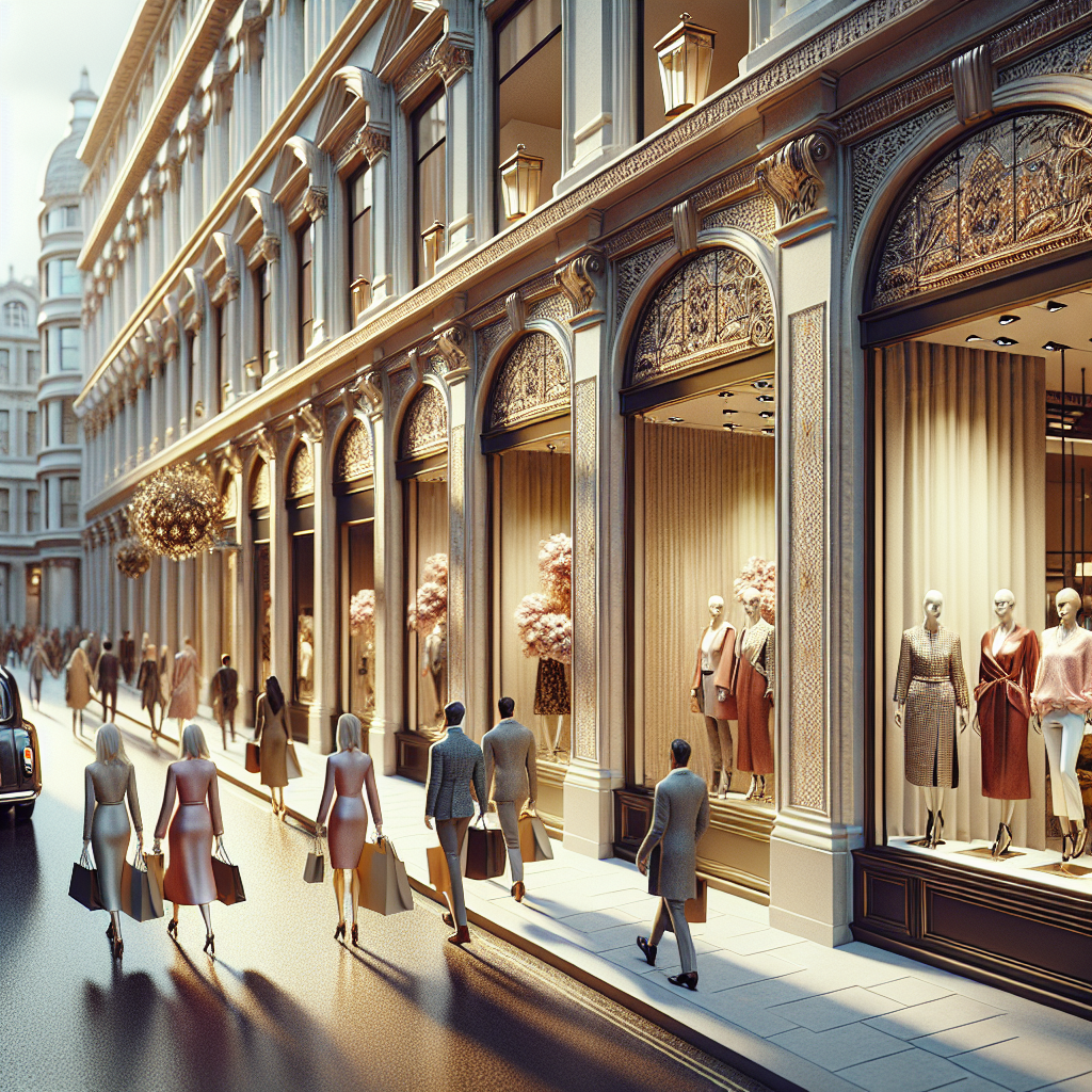 Elegant London shopping street with luxury store facades and stylish shoppers carrying branded bags on a sunny afternoon.