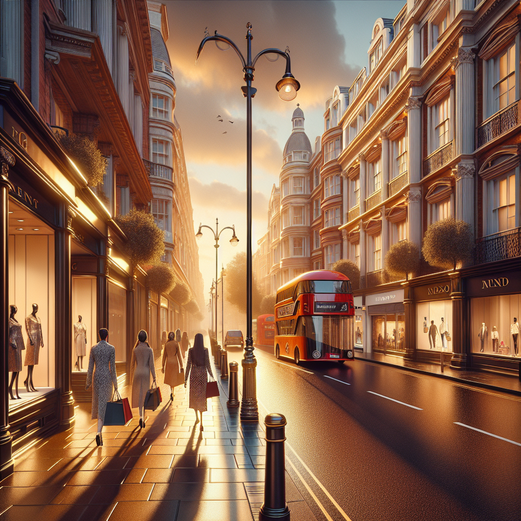 Luxurious shopping street in London with high-end boutiques and elegant shoppers, British elements in the warm, golden hour light.