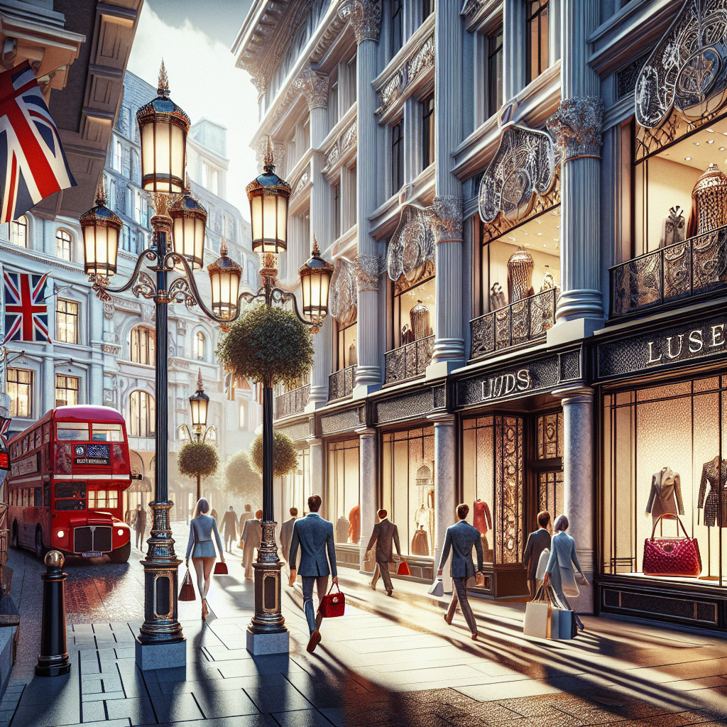 Luxury shopping street in London with elegant stores, a red double-decker bus, street lamp, and British flags, highlighting the upscale atmosphere and architecture.