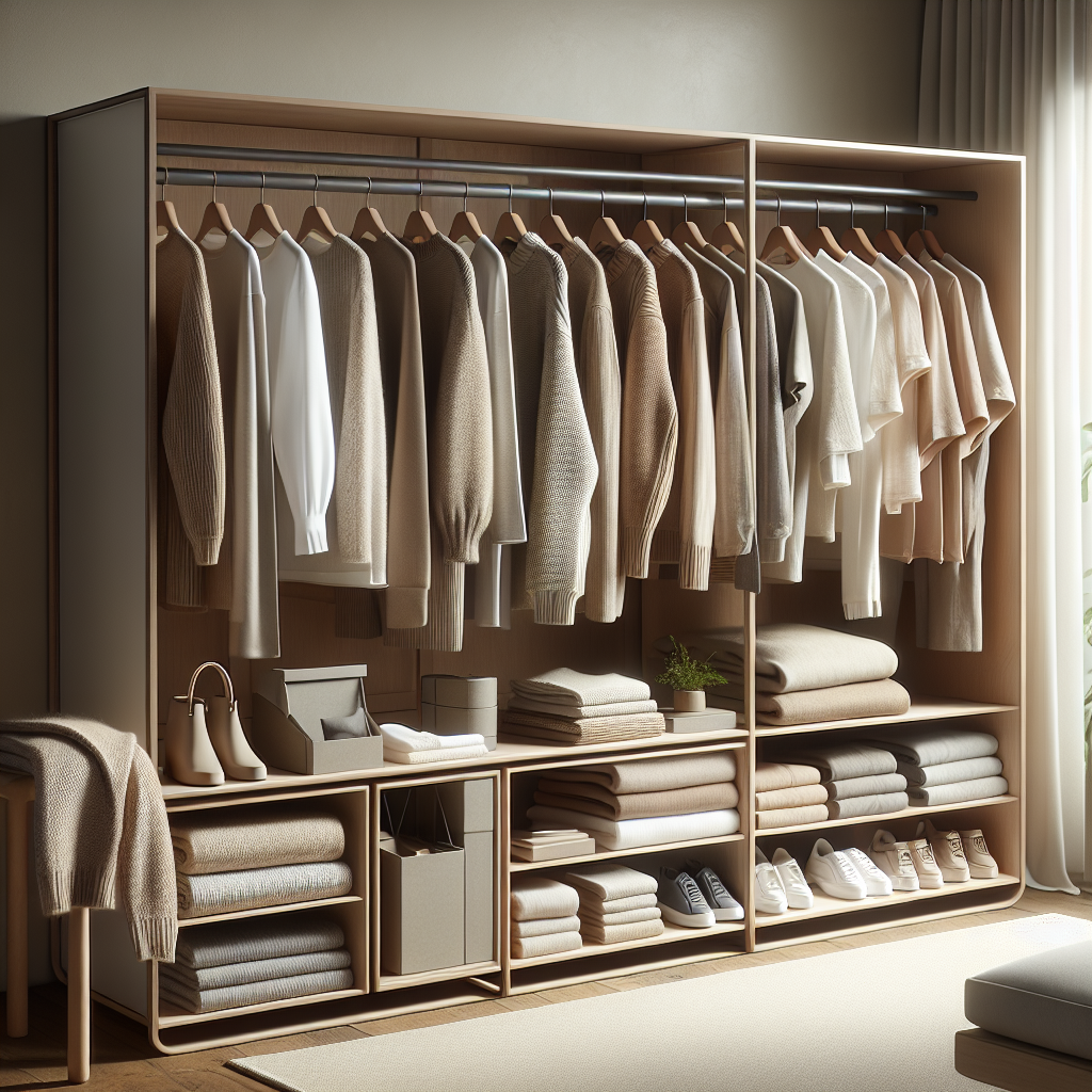 Minimalist, organized wardrobe with essential Uniqlo-style clothing in a serene, simple shopping environment.