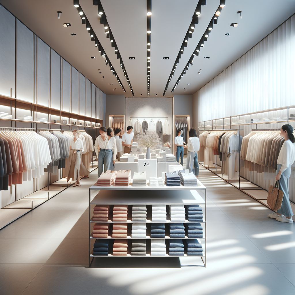 Minimalistic Uniqlo store interior with diverse customers and timeless clothing items, embodying the brand's philosophy of simplicity and longevity.