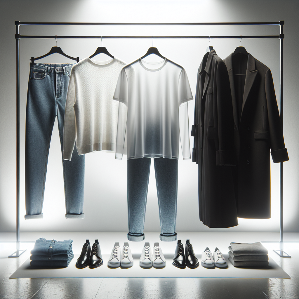 Realistic image of Uniqlo's high-quality, essential clothing items arranged neatly on a neutral background, representing the brand's philosophy of simplicity and longevity.