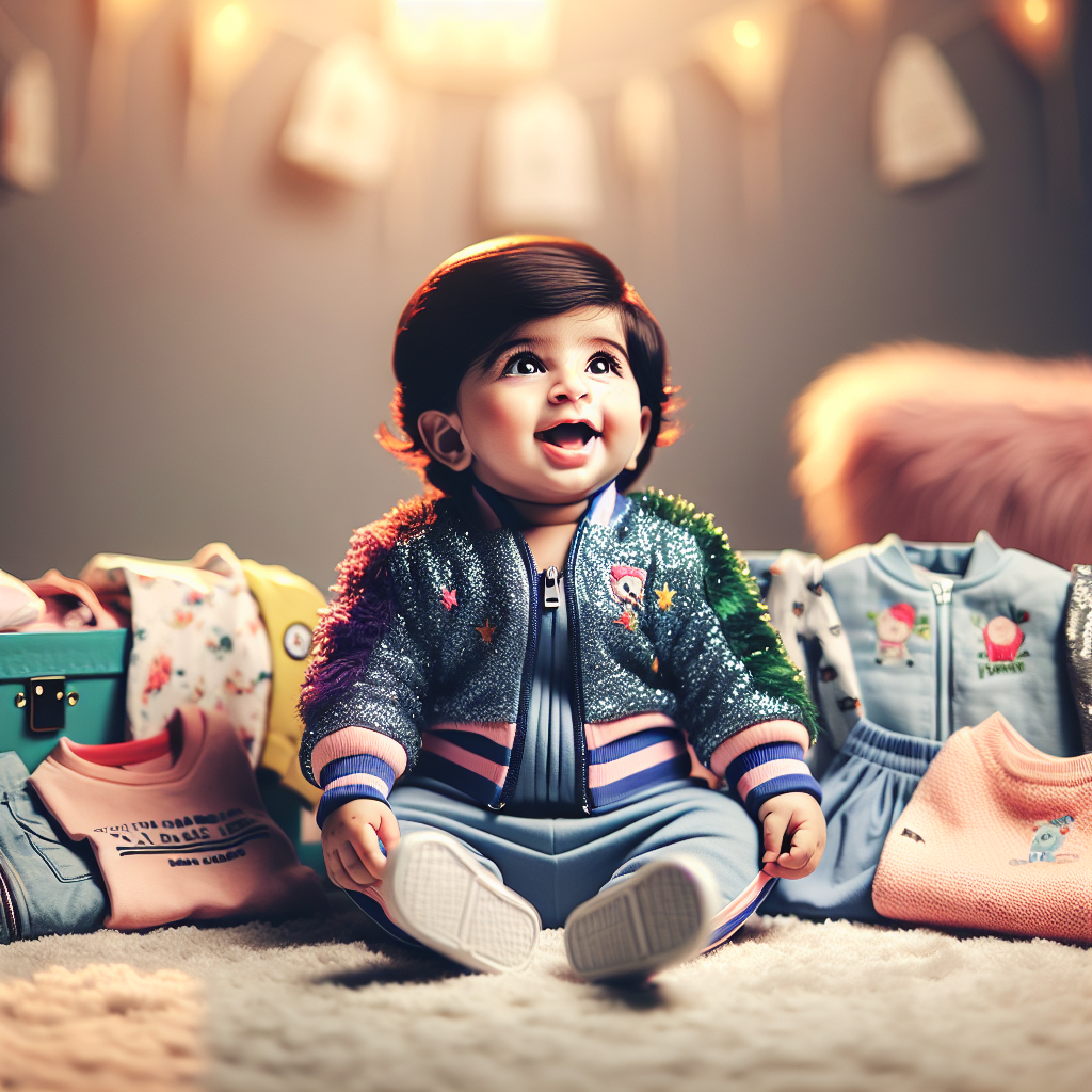 A happy toddler sitting on plush carpet surrounded by stylish baby garments and accessories, depicting a cozy online shopping experience for branded baby clothes.