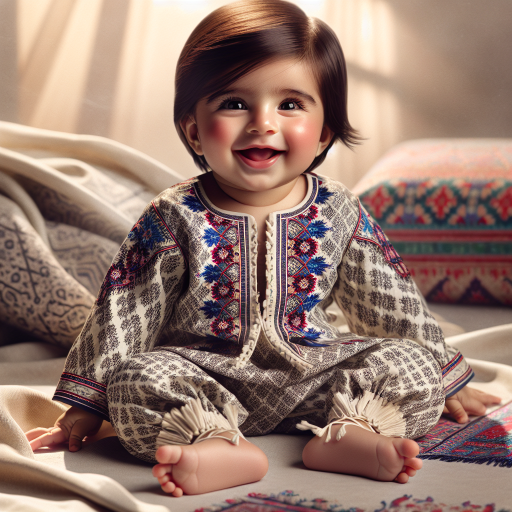 A joyful baby sitting comfortably in a stylish, branded outfit, with subtle Pakistani cultural elements in the background.