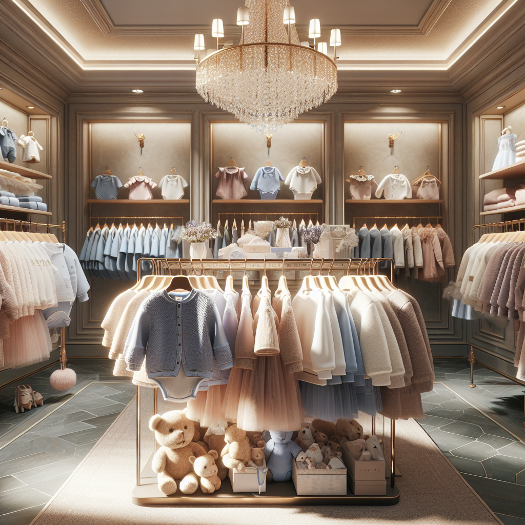 Elegant baby boutique interior in Pakistan with high-end branded baby clothes and plush toys.