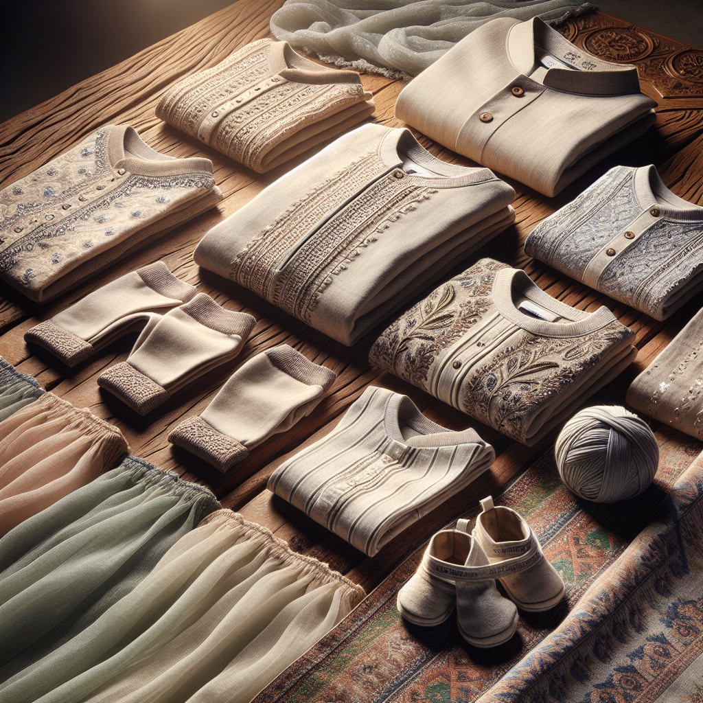 Assorted branded baby clothes displayed on a wooden surface for online shopping in Pakistan.