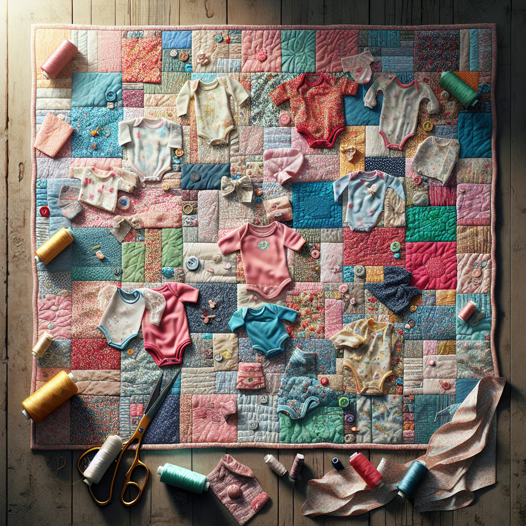 A colorful quilt made from various baby clothes with sewing materials around it.