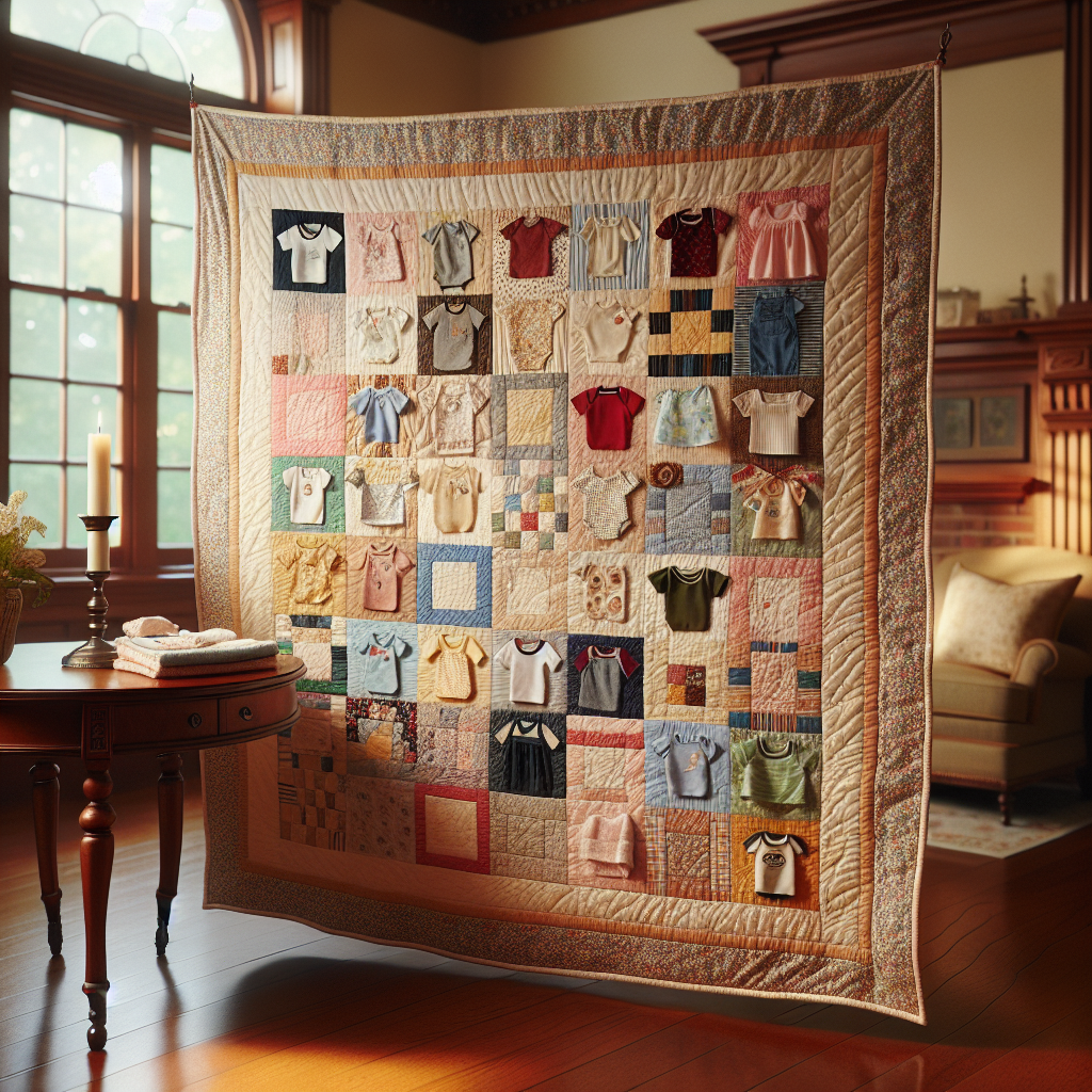 A quilt made from a variety of baby clothes, spread out on a wooden table in a well-lit and cozy room.