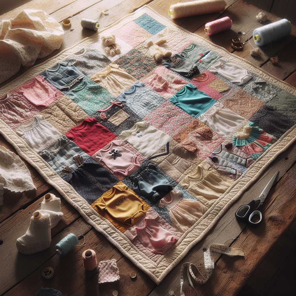 A baby clothes quilt in progress with various pieces of clothing sewn together, creating a warm, nostalgic atmosphere.