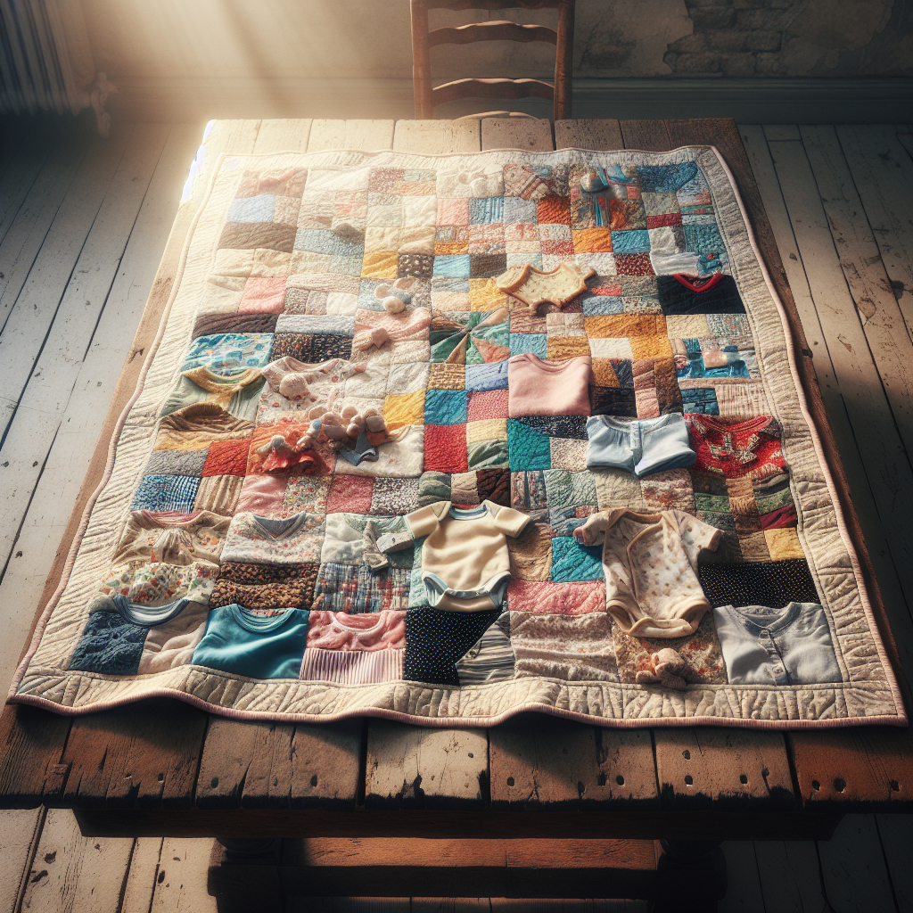 A handmade baby quilt made from various baby clothes on a rustic wooden table.