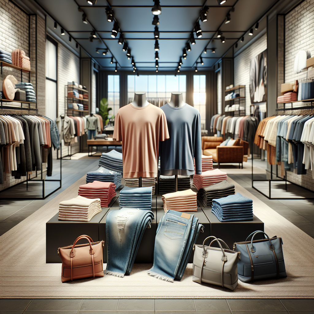 Realistic image of Uniqlo’s diverse product range including t-shirts, jeans, scarves, and bags in a well-lit store.