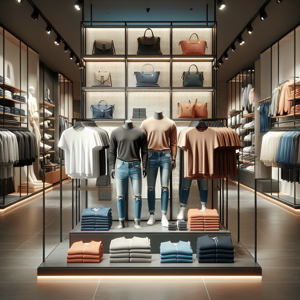 A realistic display of Uniqlo clothing and accessories in a modern store setting, featuring t-shirts, jeans, scarves, and bags.