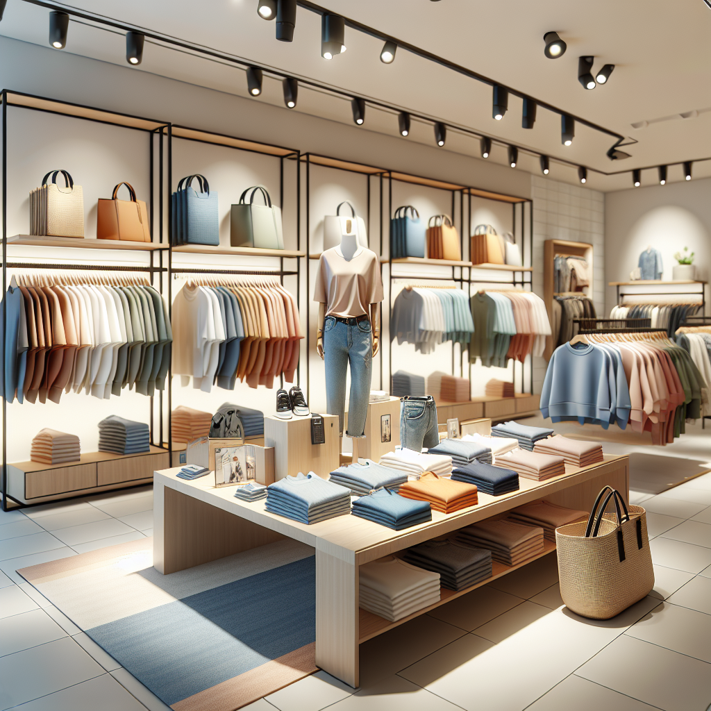 A realistic depiction of various Uniqlo clothing items and accessories in a modern retail store.