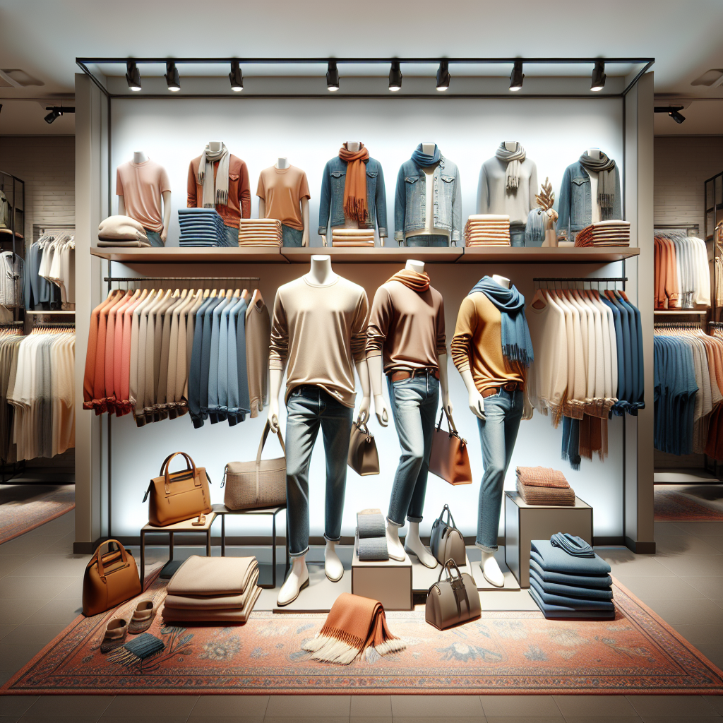 Realistic image of a Uniqlo store section with clothing and accessories neatly displayed.