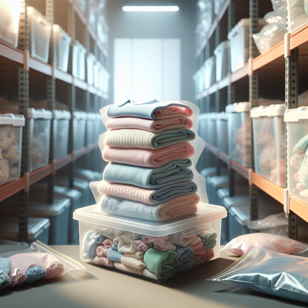 A realistic image showing folded baby clothes and storage containers for long-term preservation.