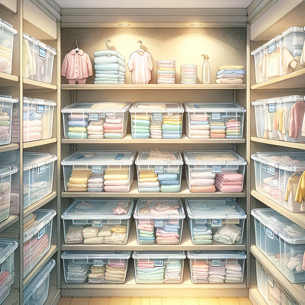 A realistic image of baby clothes neatly stored in labeled, airtight plastic bins on shelves.