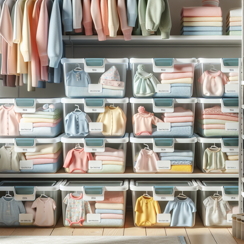 Neatly organized baby clothes inside labeled, airtight plastic bins in a clean storage space.