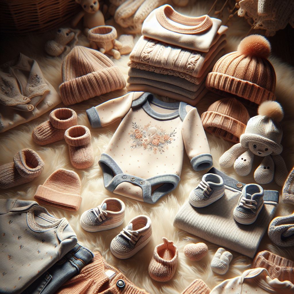 A realistic, heartwarming image of baby clothes, including onesies, booties, and hats, displayed invitingly.