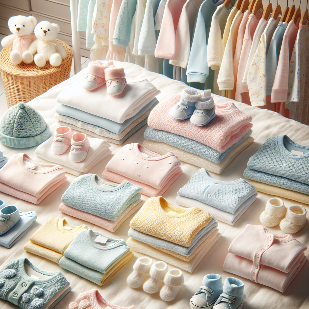 A collection of neatly arranged baby clothes in pastel colors.