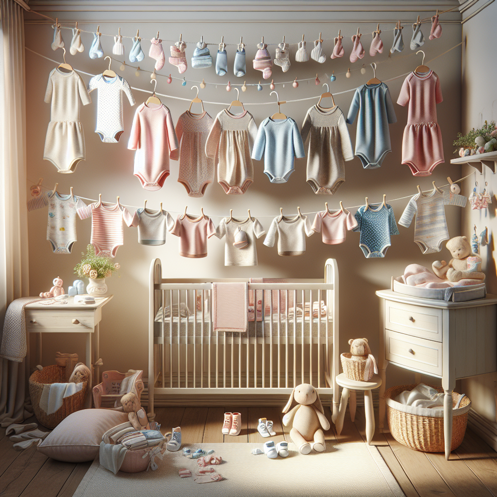 A realistic image of baby clothes in a cozy nursery with soft lighting.