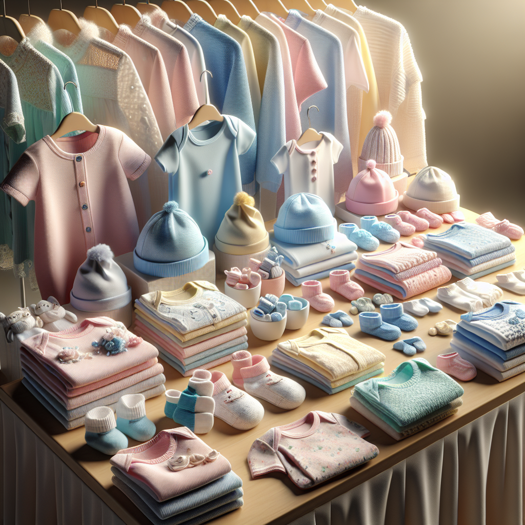 A variety of baby clothes neatly displayed on a table in soft pastel colors.