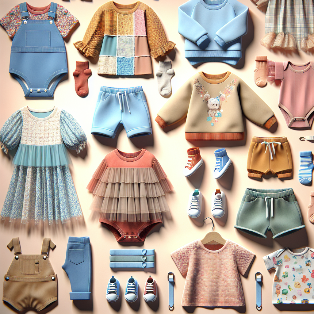 Realistic depiction of 2023 trendy baby clothing in various vibrant and modern designs.