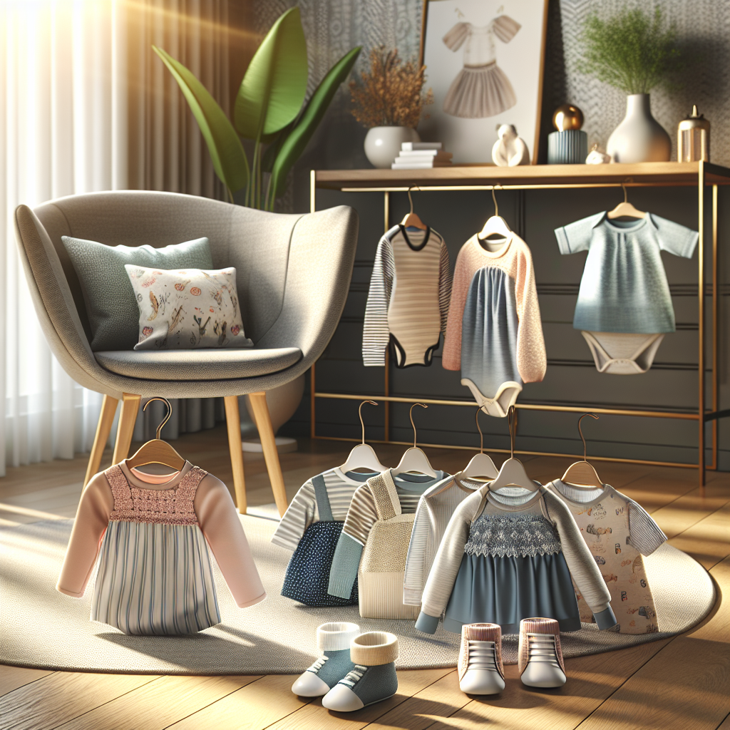 A realistic depiction of baby clothing trends for 2023 displayed in a modern nursery.