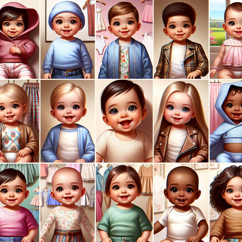 Realistic depiction of baby clothing trends in 2023, featuring stylish outfits for infants.