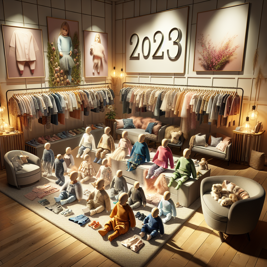 Contemporary baby clothing trends in 2023, showcasing various stylish outfits for boys and girls in a cozy, well-lit baby room.