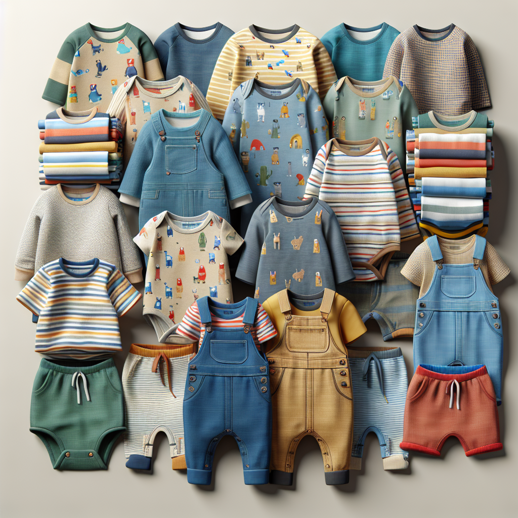 A variety of boys' baby clothes including onesies, overalls, and shirts, arranged neatly against a neutral background.