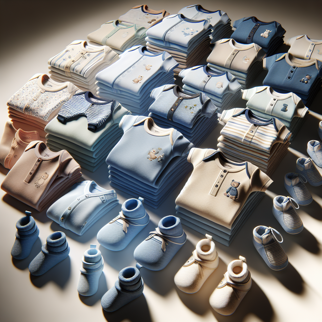 A realistic depiction of boys' baby clothes arranged on a flat surface.