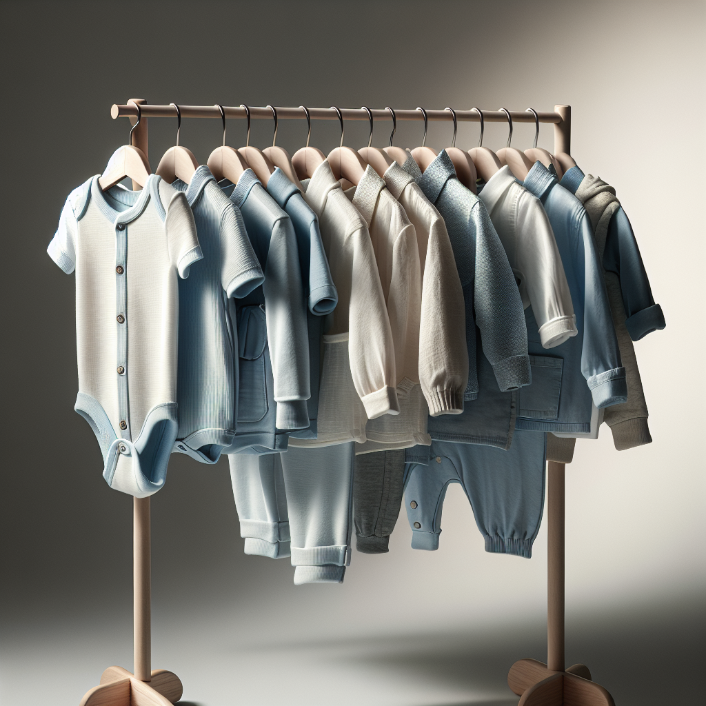 A collection of baby boys' clothes on a wooden hanger in soft pastel colors, presented in a realistic style.