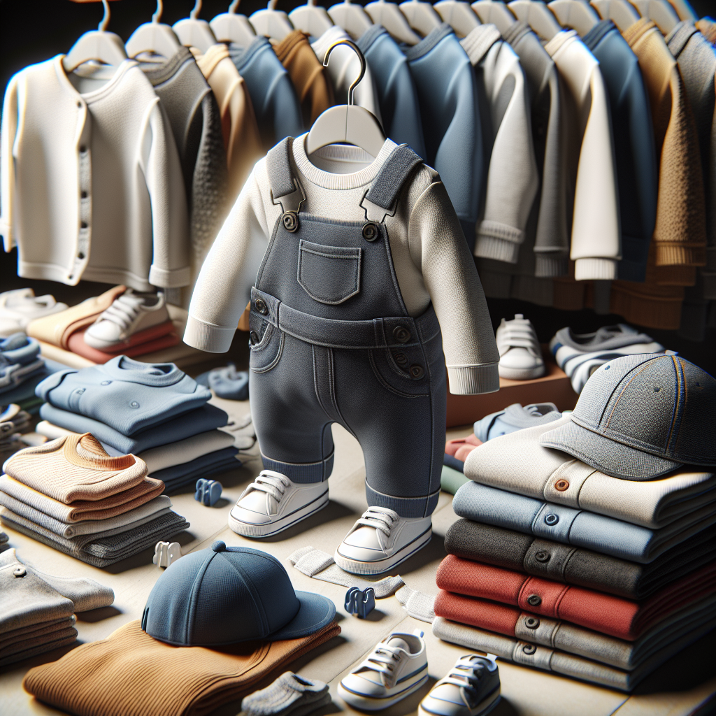 Realistic image of baby boys' clothes, including onesies, t-shirts, pants, and hats, displayed with high detail.