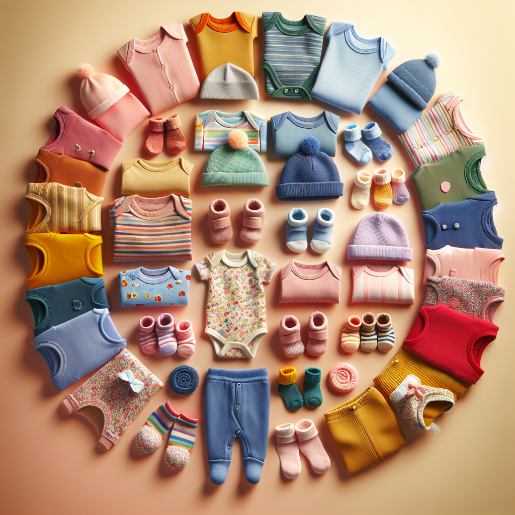 A realistic image showing a variety of affordable baby clothes arranged neatly.