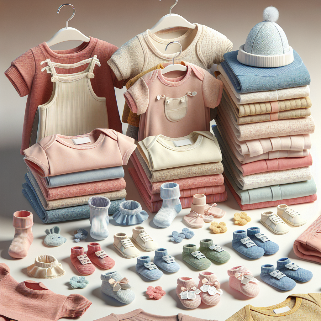 Affordable baby clothes displayed on a neatly arranged table in pastel colors.